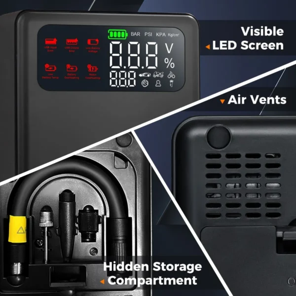 12v 2000a autobatterijstarter met 150 psi bandenopblazer met luchtcompressor 13000 mah voor benzinemotoren tot 8l dieselmotoren tot 5l 6