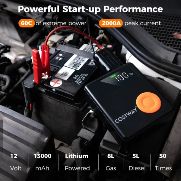 12v 2000a autobatterijstarter met 150 psi bandenopblazer met luchtcompressor 13000 mah voor benzinemotoren tot 8l dieselmotoren tot 5l 7