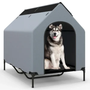 132 cm verhoogde hondenkennel voor grote rassen groot huisdierhuis met geventileerde ramen en afneembare hoes grijs 1