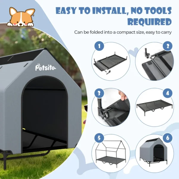 132 cm verhoogde hondenkennel voor grote rassen groot huisdierhuis met geventileerde ramen en afneembare hoes grijs 7