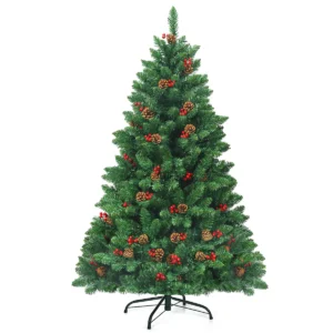 135 cm kerstboom 516 takken premium pvc spelden scharnierende kunstkerstboom met dennenappels en rode bessen voorverlichte kerstboom 1