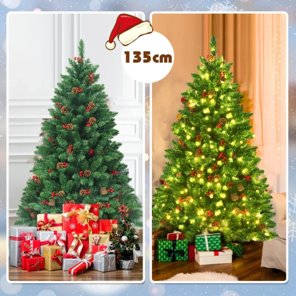 135 cm kerstboom 516 takken premium pvc spelden scharnierende kunstkerstboom met dennenappels en rode bessen voorverlichte kerstboom 4