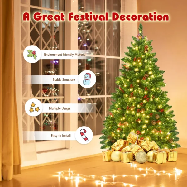 135 cm kerstboom 516 takken premium pvc spelden scharnierende kunstkerstboom met dennenappels en rode bessen voorverlichte kerstboom 5