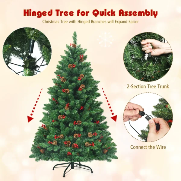 135 cm kerstboom 516 takken premium pvc spelden scharnierende kunstkerstboom met dennenappels en rode bessen voorverlichte kerstboom 6