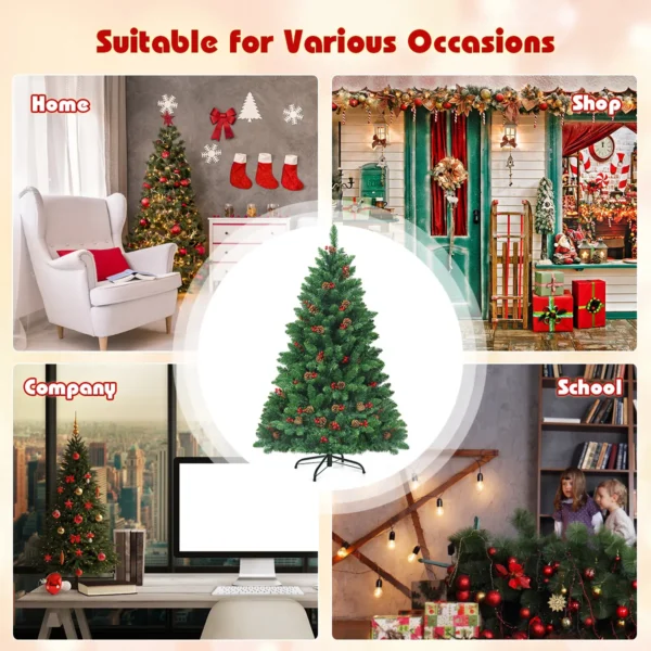 135 cm kerstboom 516 takken premium pvc spelden scharnierende kunstkerstboom met dennenappels en rode bessen voorverlichte kerstboom 7