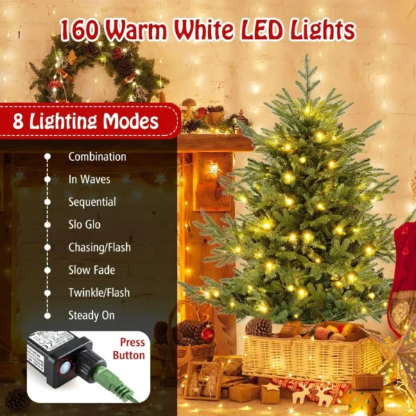135 cm kunstkerstboom 442 takken 160 warm witte led lampjes pe pvc vellen voorverlichte kerstboom voor feestdagen thuis 4