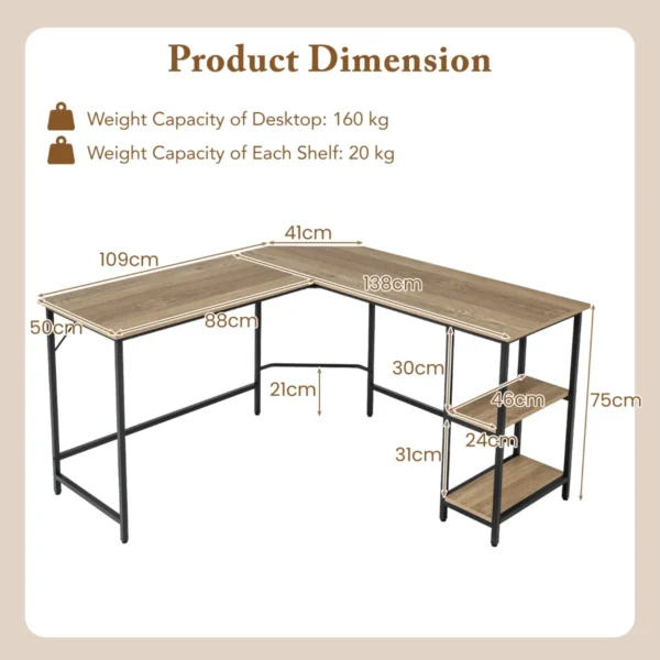 138cm l vormig computerbureau hoekbureau voor thuiskantoor bureau met metalen frame verwijderbare plank natuur 3