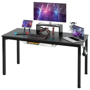 140 cm computerbureau kantoorbureau met bekerhouder koptelefoonhouder monitorstandaard opbergmand zwart 1