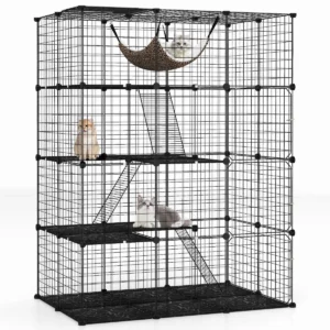 143 cm kubusvormige kattenkooi met 4 verdiepingen huisdierenverblijf met hangmat afneembare metalen draadkooi voor katten zwart 1