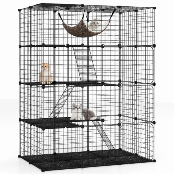 143 cm kubusvormige kattenkooi met 4 verdiepingen huisdierenverblijf met hangmat afneembare metalen draadkooi voor katten zwart 1