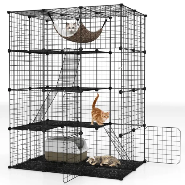 143 cm kubusvormige kattenkooi met 4 verdiepingen huisdierenverblijf met hangmat afneembare metalen draadkooi voor katten zwart 2