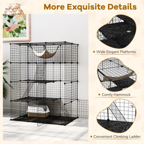 143 cm kubusvormige kattenkooi met 4 verdiepingen huisdierenverblijf met hangmat afneembare metalen draadkooi voor katten zwart 6