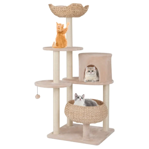 146 cm krabpaal met kattenmand kattenboom met zitstang speelbal sisalpalen meertraps klimboom kattenkrabpaal katten beige 1