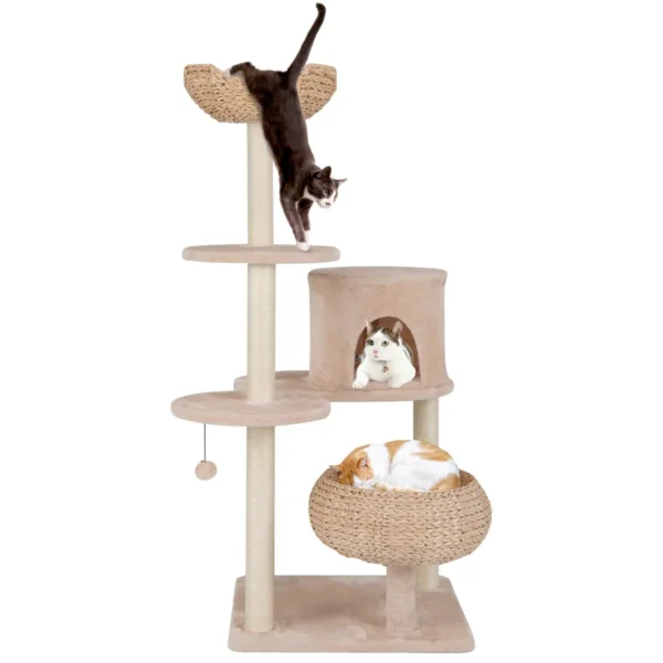 146 cm krabpaal met kattenmand kattenboom met zitstang speelbal sisalpalen meertraps klimboom kattenkrabpaal katten beige 2