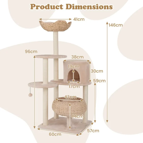 146 cm krabpaal met kattenmand kattenboom met zitstang speelbal sisalpalen meertraps klimboom kattenkrabpaal katten beige 3