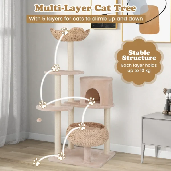 146 cm krabpaal met kattenmand kattenboom met zitstang speelbal sisalpalen meertraps klimboom kattenkrabpaal katten beige 4