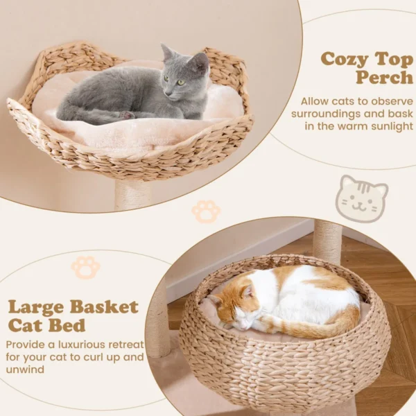 146 cm krabpaal met kattenmand kattenboom met zitstang speelbal sisalpalen meertraps klimboom kattenkrabpaal katten beige 5