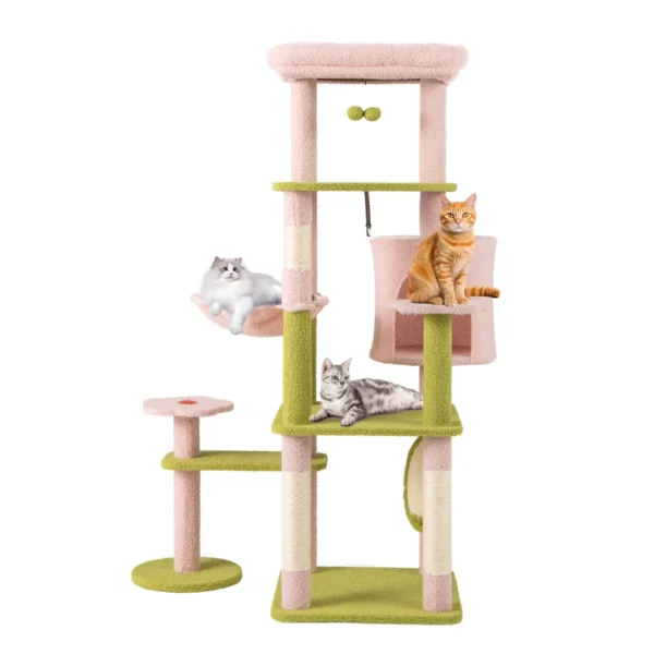 148 cm krabpaal bloementhema kattenboom met meerdere verdiepingen met kattenmand hangmat sisalpalen krabplank bal roze + groen 2