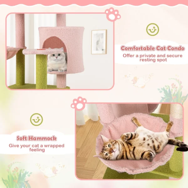 148 cm krabpaal bloementhema kattenboom met meerdere verdiepingen met kattenmand hangmat sisalpalen krabplank bal roze + groen 5