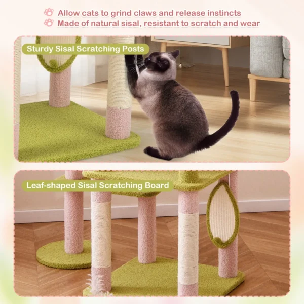 148 cm krabpaal bloementhema kattenboom met meerdere verdiepingen met kattenmand hangmat sisalpalen krabplank bal roze + groen 6