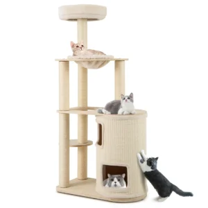 151 cm krabpaal van hout grote kattenboom kattenkrabpaal met 2 verdiepingen hangmat & sisal krabpaal klimboom naturel 1