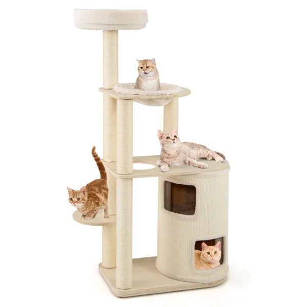 151 cm krabpaal van hout grote kattenboom kattenkrabpaal met 2 verdiepingen hangmat & sisal krabpaal klimboom naturel 2