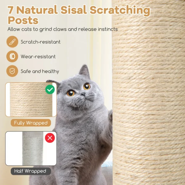 151 cm krabpaal van hout grote kattenboom kattenkrabpaal met 2 verdiepingen hangmat & sisal krabpaal klimboom naturel 4