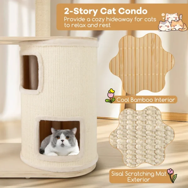 151 cm krabpaal van hout grote kattenboom kattenkrabpaal met 2 verdiepingen hangmat & sisal krabpaal klimboom naturel 5