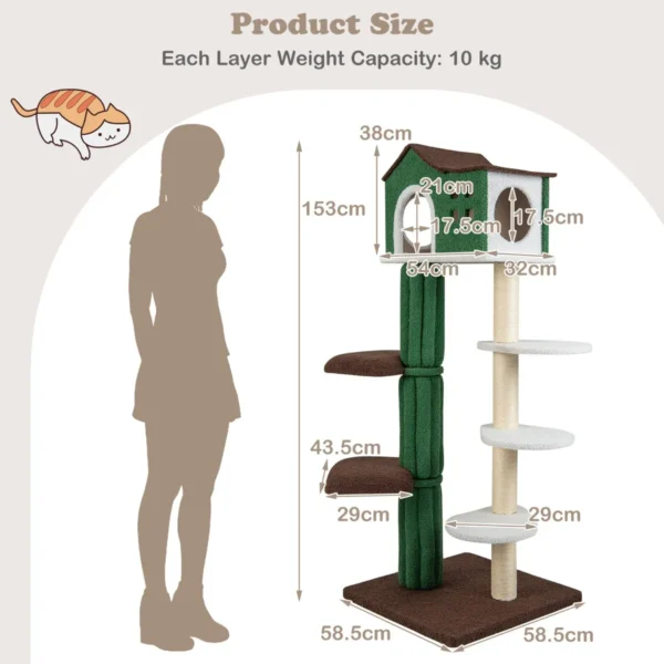 153 cm hoge meerlaagse krabpaal met huis / sisal beklede krabpalen en 5 pluche platforms kattenmeubel voor huiskatten 3