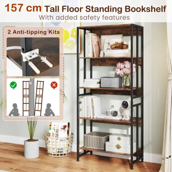 157 cm 5 laags boekenkast verstelbare en kantelbare planken industriële opbergplank stevig metalen frame voor woonkamer slaapkamer 5