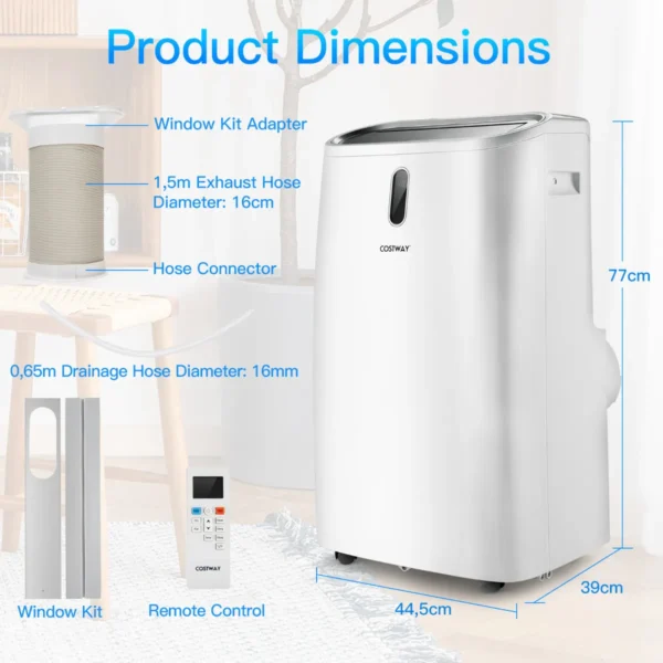 16.000 btu 5 in 1 airconditioner met verwarmen & koelen mobiele airconditioning met afvoerslang luchtontvochtiger tot 45㎡ 4700 w 4