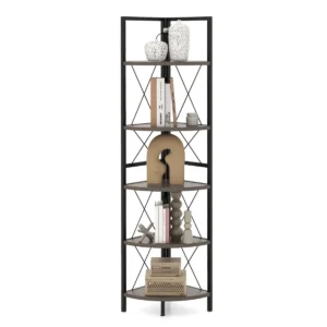 160 cm hoekplank met 5 niveaus boekenkast staand rek met metalen frame opbergrek voor woonkamer badkamer keuken grijze eik 1