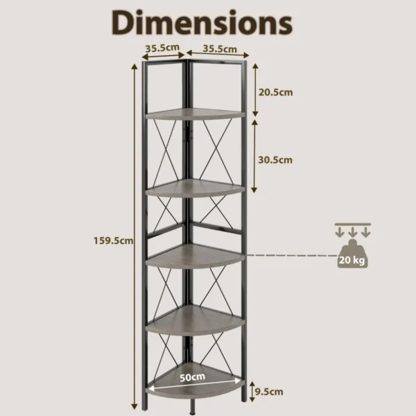160 cm hoekplank met 5 niveaus boekenkast staand rek met metalen frame opbergrek voor woonkamer badkamer keuken grijze eik 3