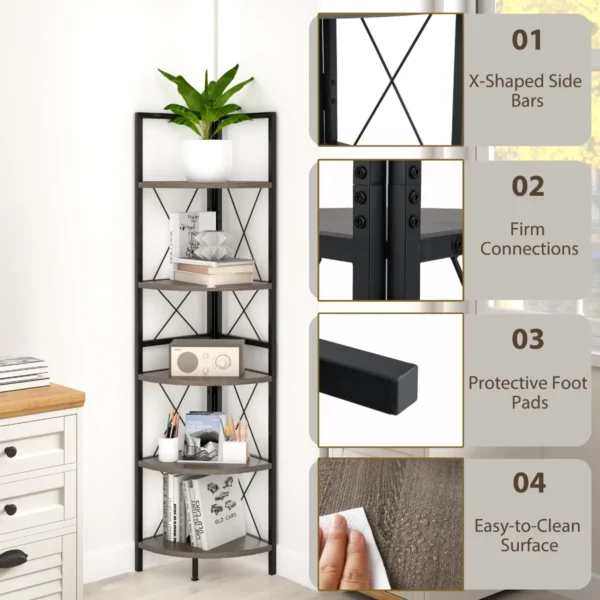 160 cm hoekplank met 5 niveaus boekenkast staand rek met metalen frame opbergrek voor woonkamer badkamer keuken grijze eik 4