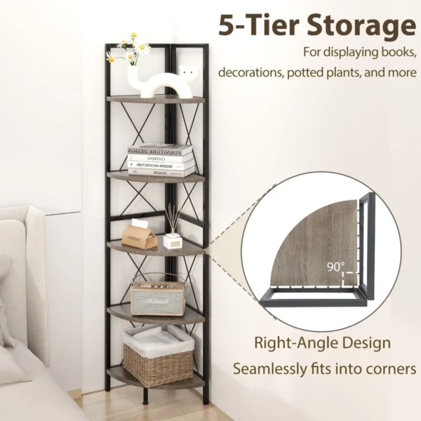 160 cm hoekplank met 5 niveaus boekenkast staand rek met metalen frame opbergrek voor woonkamer badkamer keuken grijze eik 5