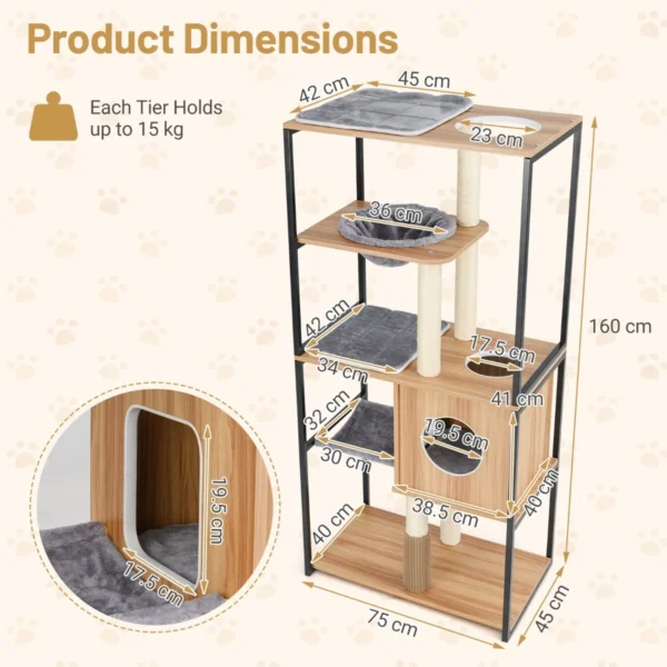 160 cm hoge moderne indoor kattentoren metalen frame gewatteerde zitstok grote platforms hangmat krabpalen 75 x 45 x 160 cm 3