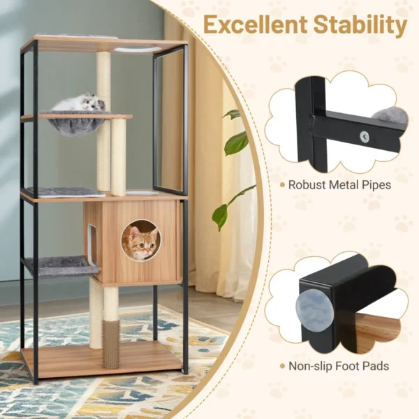 160 cm hoge moderne indoor kattentoren metalen frame gewatteerde zitstok grote platforms hangmat krabpalen 75 x 45 x 160 cm 7
