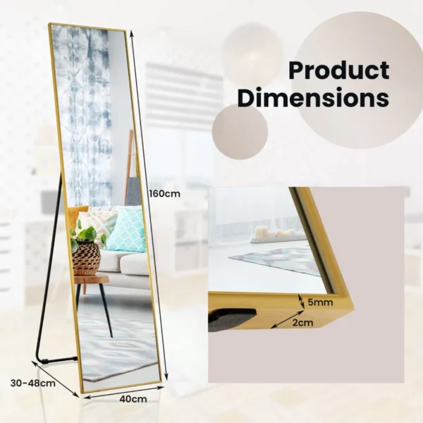 160 x 40 cm spiegel van volledige lengte rechthoekige garderobespiegel met breukvast glas & aluminium legering frame goud 2