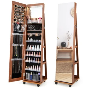 163 cm afsluitbare juwelenkast geïntegreerde make upspiegel 3 kleurige led verlichting verstelbare legplanken universele wielen bruin 1