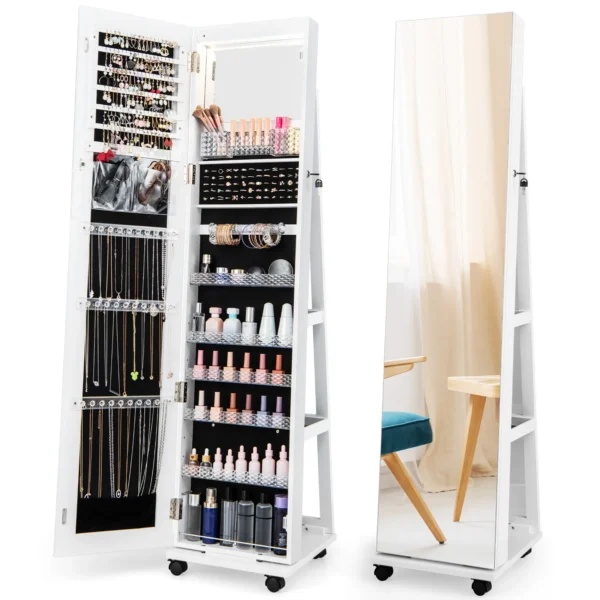 163 cm afsluitbare juwelenkast geïntegreerde make upspiegel 3 kleurige led verlichting verstelbare legplanken universele wielen wit 1