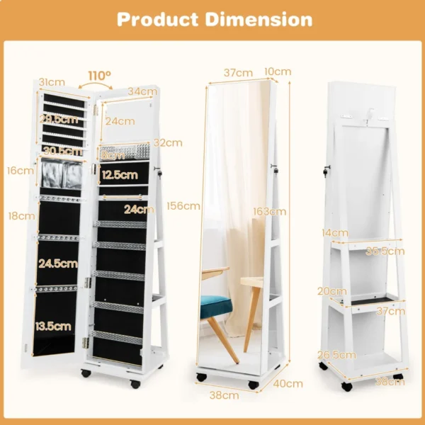 163 cm afsluitbare juwelenkast geïntegreerde make upspiegel 3 kleurige led verlichting verstelbare legplanken universele wielen wit 3