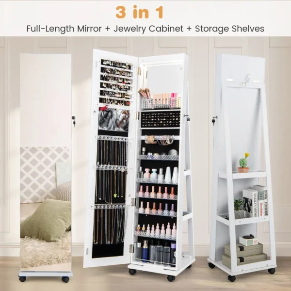 163 cm afsluitbare juwelenkast geïntegreerde make upspiegel 3 kleurige led verlichting verstelbare legplanken universele wielen wit 4