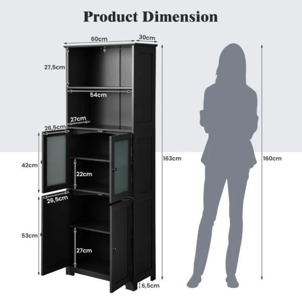 163 cm hoge opbergkast voor de badkamer vrijstaande keukenkasten met 2 kasten 2 open vakken en verstelbare planken zwart 2