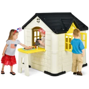 164 x 124 x 132 cm binnen & buiten speelhuisje kinderspeelhuisje met werkende deuren & ramen speelhuisje met tafel geel 1