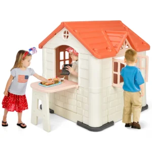 164 x 124 x 132 cm binnen & buiten speelhuisje kinderspeelhuisje met werkende deuren & ramen speelhuisje met tafel roze 1