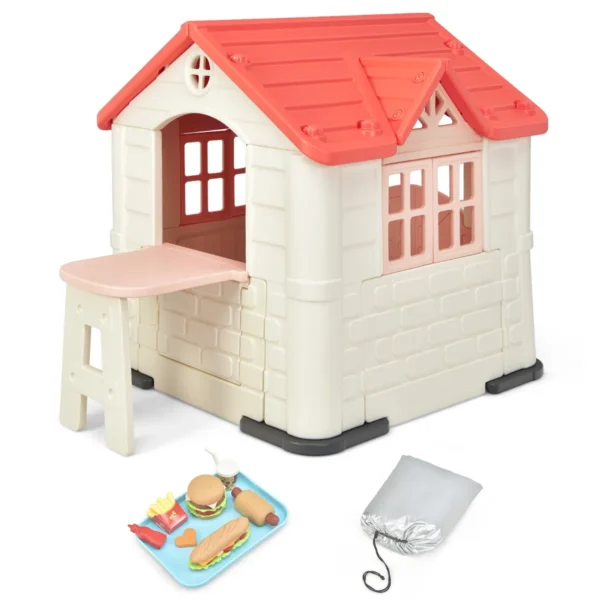 164 x 124 x 132 cm binnen & buiten speelhuisje kinderspeelhuisje met werkende deuren & ramen speelhuisje met tafel roze 3