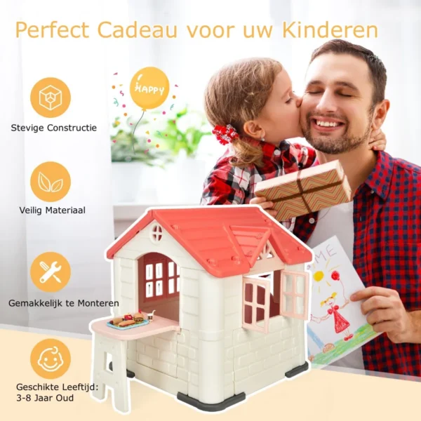 164 x 124 x 132 cm binnen & buiten speelhuisje kinderspeelhuisje met werkende deuren & ramen speelhuisje met tafel roze 4