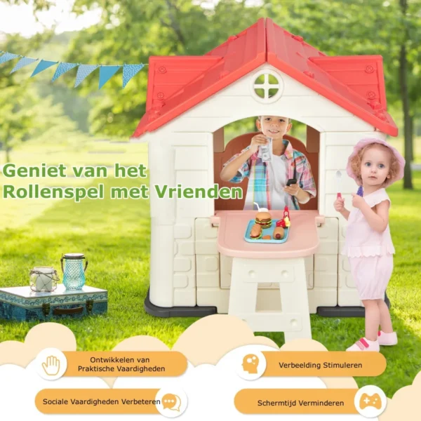 164 x 124 x 132 cm binnen & buiten speelhuisje kinderspeelhuisje met werkende deuren & ramen speelhuisje met tafel roze 6