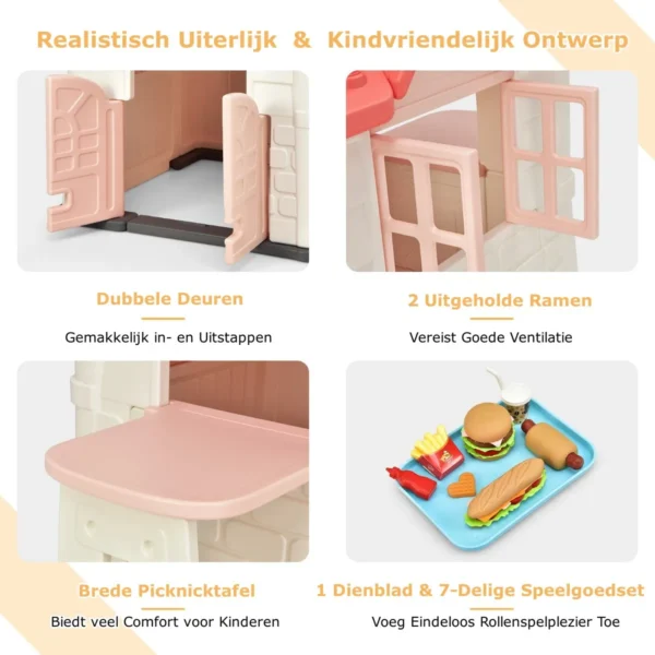 164 x 124 x 132 cm binnen & buiten speelhuisje kinderspeelhuisje met werkende deuren & ramen speelhuisje met tafel roze 7