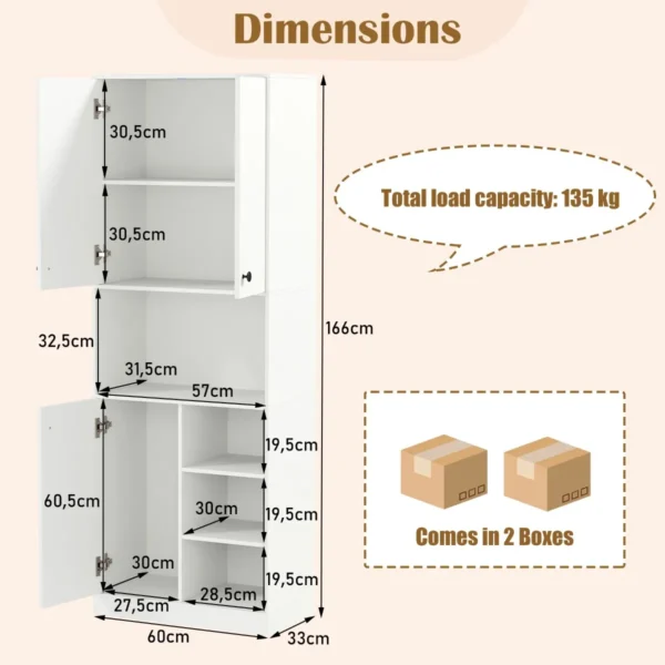 166 cm keukenkast moderne buffetkast met magnetronplank hoge opbergkast met deuren voor eetkamer woonkamer wit 2